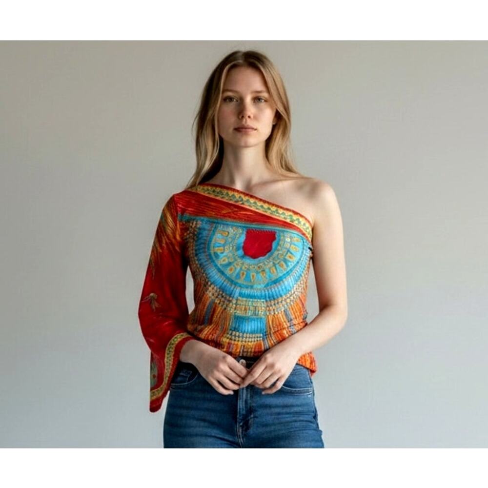 Pineda Covalin 100% Silk One Shoulder Blouse Mexican Feathers Aztec Print Size M